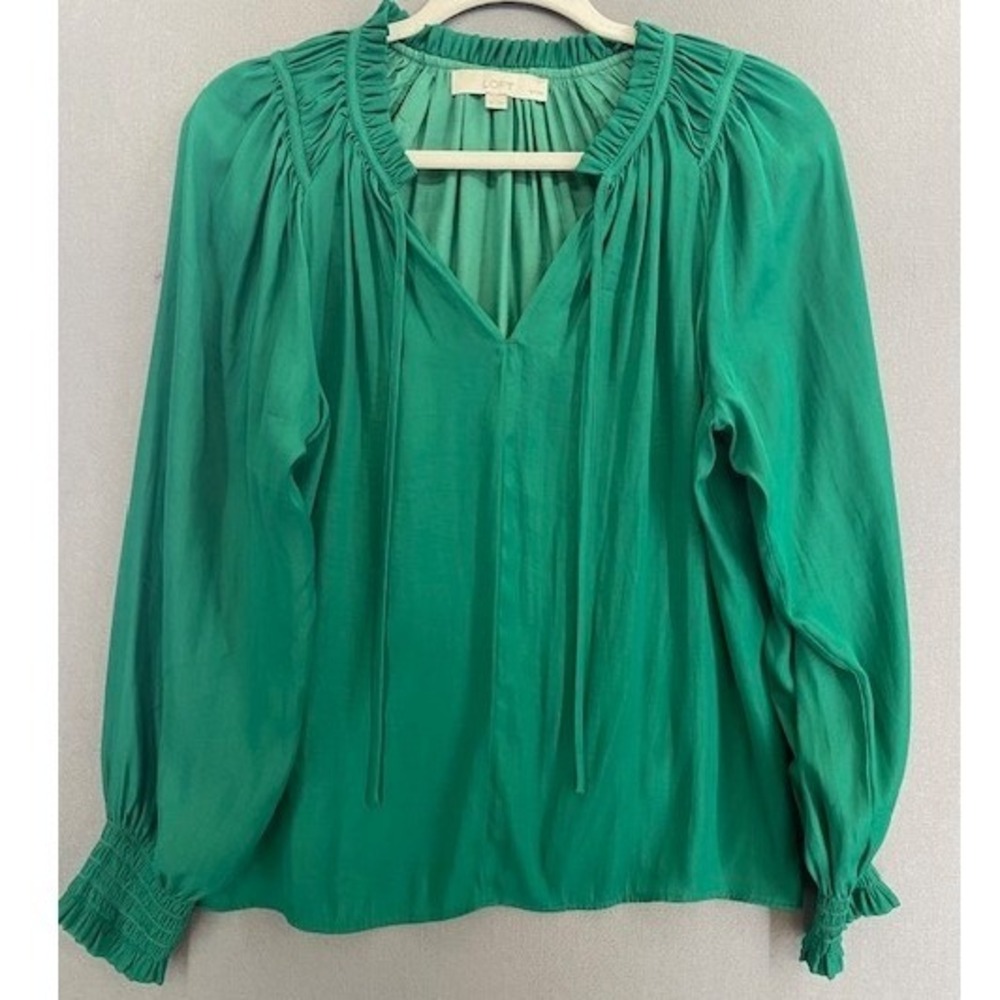 LOFT Petites Green Ruffle Neck Tie Neck Long Sleeve Blouse Shirt‎ Top SP